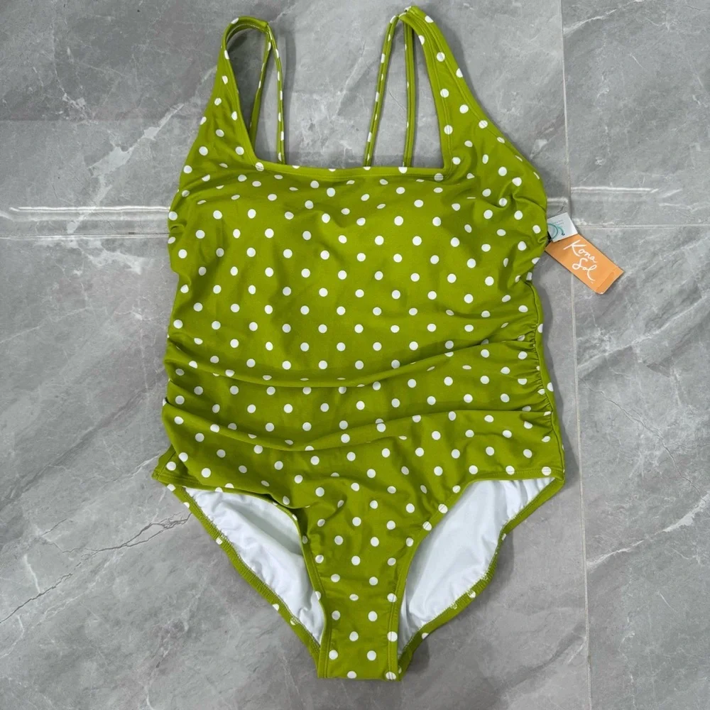 Women’s Kona Sol High Coverage One Piece Swimsuit Strappy Back Polka Dot Size XL